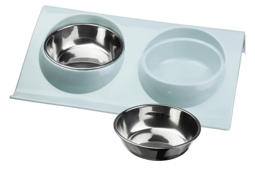JDW-024-BLUE | Dubenėlių rinkinys šuniui ar katei | Dvigubi metaliniai dubenys su stovu | Plieniniai dubenys maistui ir vandeniui