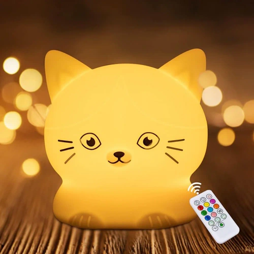 Luce notturna a LED in silicone a forma di gattino | Lampada portatile per bambini con 9 colori di luce | Lampada ricaricabile tramite USB | JL-228