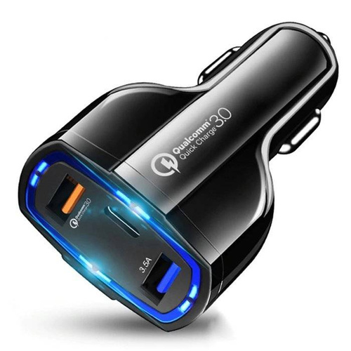 CA-005 | Carregador rápido para carro 2x USB 1x Tipo-C | Carregamento rápido Quick Charge 3.0 | LED ambiente