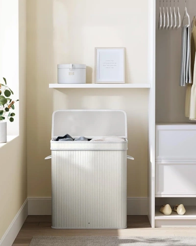 RYL-100L | Panier à linge blanc | Conteneur de jouets en bambou | Panier à vêtements en bois | Panier à linge à deux compartiments pour la salle de bain