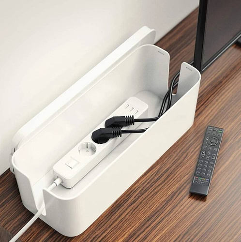 JB2318-Branco | Organizador de cabos tipo BOX com suporte para telefone | Recipiente para tiras e cabos