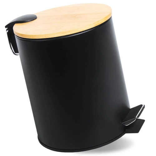 GY-TB5L | Bathroom waste bin | round, bamboo cover, pedal | 5 liters, black