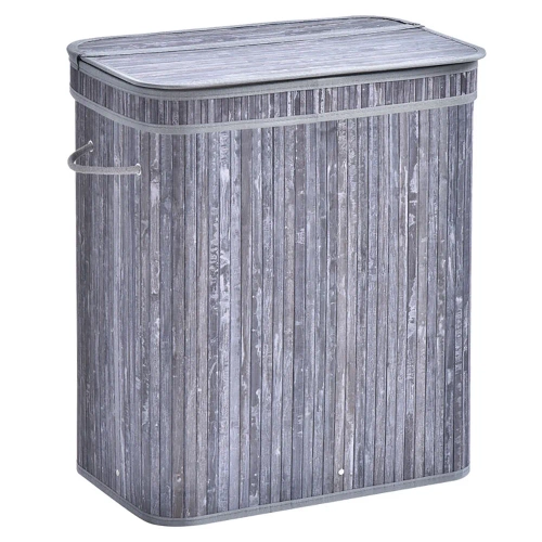 RYL-100L-GRIS | Cesto de ropa gris | Contenedor de juguetes de bambú | Cesta de ropa de madera | Cesto de ropa sucia de dos compartimentos para el baño.
