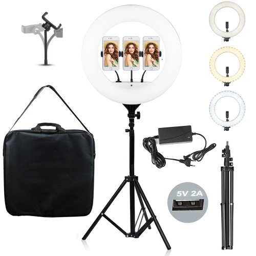 YQ-480B | Powerful ring lamp with smooth adjustment of color and light intensity with a 195cm tripod | 3 phone holders, bag