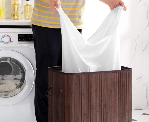 RYL-100L-DABR | Cesta de lavandería marrón | Contenedor de juguetes de bambú | Cesta de ropa de madera | Cesto de ropa sucia de dos compartimentos para el baño.