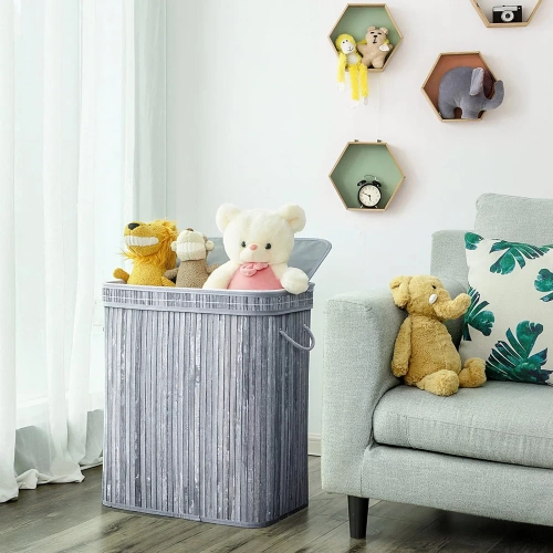 RYL-100L-CINZA | Cesto de roupa suja cinza | Recipiente de brinquedo de bambu | Cesto de roupa em madeira | Cesto de roupa suja com dois compartimentos para banheiro
