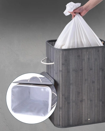 ZYL-100L-GRIJS | Grijze wasmand | Bamboe speelgoedcontainer | Houten kledingmand | Wasmand met twee vakken voor de badkamer