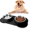 SBL-292-BLACK | Double pet bowl | Bowl with silicone anti-slip pad | Set of two metal bowls