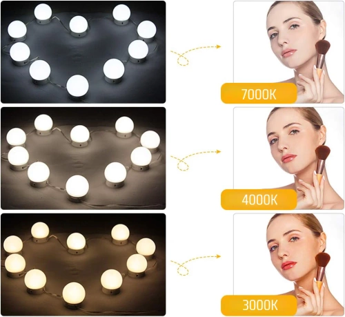 HZJ-V10 | Zrcadlové lampy na toaletní stolek pro líčení | 10 kusů, 3 barvy osvětlení, nastavení jasu, 2m USB kabel