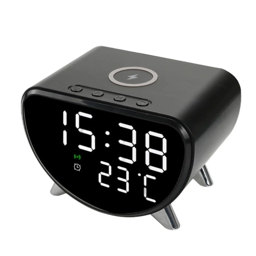 Réveil LED intelligent avec chargeur Qi 15 W, thermomètre et 3 alarmes | Horloge USB pour chambre | SZ07-15W-BR