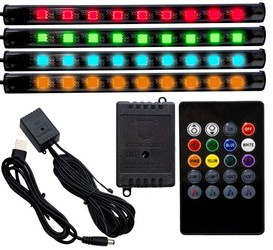 RGB LED automobilio salono apšvietimas per USB | Bluetooth ryšys su programa telefone | 4x LED juostelė 9 diodai 5050 15cm | IR nuotolinio valdymo pultas | muzikos režimai