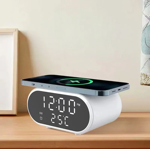 Sveglia intelligente con caricatore wireless Qi 15 W | Sveglia con tre allarmi | Orologio con display della temperatura | SZ06-15W-W