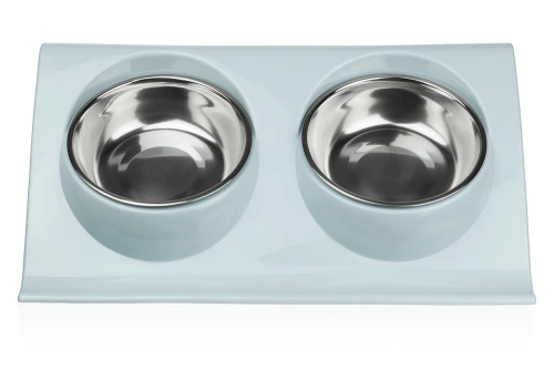 JDW-024-BLUE | Dubenėlių rinkinys šuniui ar katei | Dvigubi metaliniai dubenys su stovu | Plieniniai dubenys maistui ir vandeniui