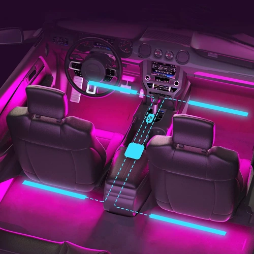 Iluminação LED RGB para interior de automóveis via USB | Conexão Bluetooth com o aplicativo no telefone | 4x fita LED 12 diodos 5050 22cm | Controle remoto infravermelho | modos de música