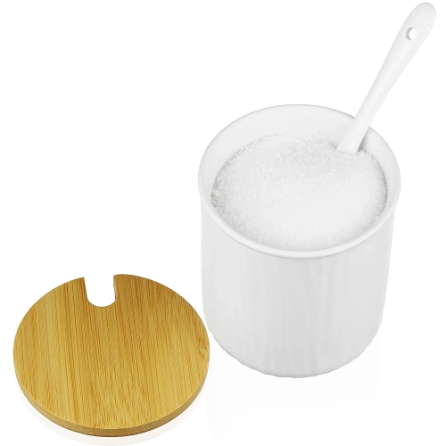 XM07-85-BIANCO | Zuccheriera con cucchiaino in porcellana | Contenitore per zucchero con coperchio in bambù