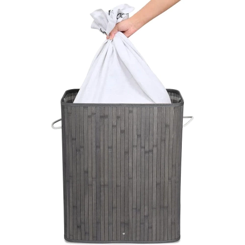 ZYL-100L-GRIS | Panier à linge gris | Conteneur de jouets en bambou | Panier à vêtements en bois | Panier à linge à deux compartiments pour la salle de bain