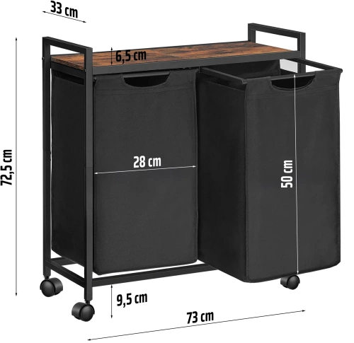 MZ-B20-PRETO | Cesto de roupa suja com prateleira | Cesto de roupa suja com dois compartimentos | Cesto de roupa suja com rodas