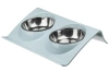 JDW-024-AZUL | Um conjunto de tigelas para um cão ou gato | Tigelas duplas de metal com suporte | Tigelas de aço para comida e água