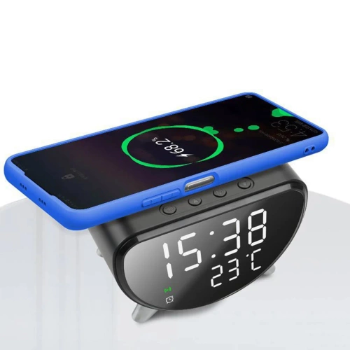Inteligentný LED budík s 15W Qi nabíjačkou, teplomerom a 3 budíkmi | USB hodiny do spálne | SZ07-15W-BR