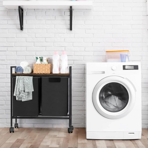 MZ-B20-ZWART | Wasmand met plank | Wasmand met twee vakken | Wasmand met wielen