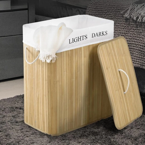 ZYL-100L-LIBR | Panier à linge naturel | Conteneur de jouets en bambou | Panier à vêtements en bois | Panier à linge à deux compartiments pour la salle de bain