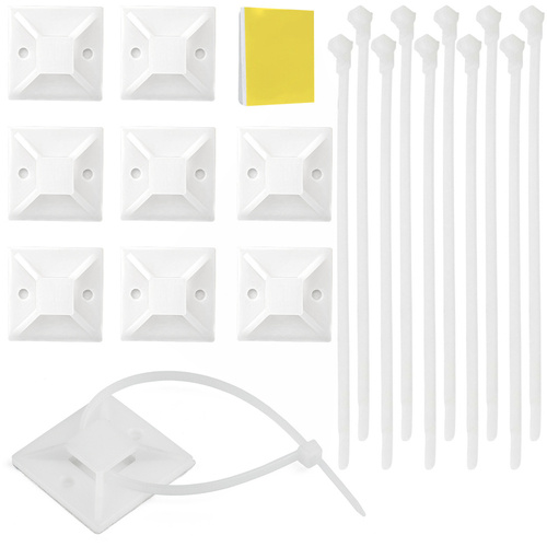 Kabel- und Leitungsorganizer Set | 10 Stück, Kabelbinder mit Basis und Schaumstoffklebeband, 40 mm | weiß | KZ-D06-40MM