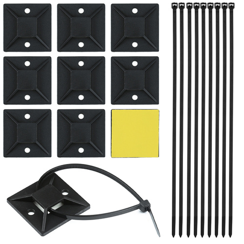 KZ-D06-20MM | Set of 10 organizers for cables and wires | Cable ties and base with 3M foam tape | Black