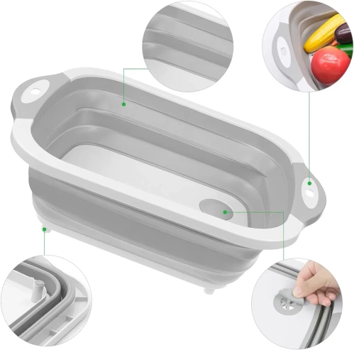 Faltbare Spülschüssel mit Ablauf | Camping-Schüssel mit Schneidebrett | ZXS-398-GREY