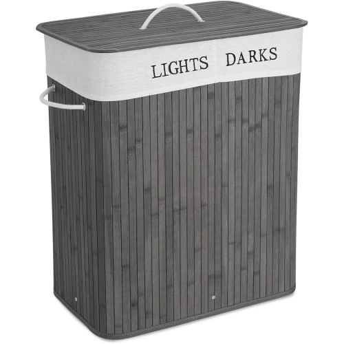 ZYL-100L-GRIS | Panier à linge gris | Conteneur de jouets en bambou | Panier à vêtements en bois | Panier à linge à deux compartiments pour la salle de bain