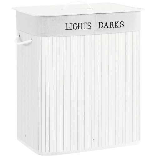 ZYL-100L-BLANC | Panier à linge blanc | Conteneur de jouets en bambou | Panier à vêtements en bois | Panier à linge à deux compartiments pour la salle de bain
