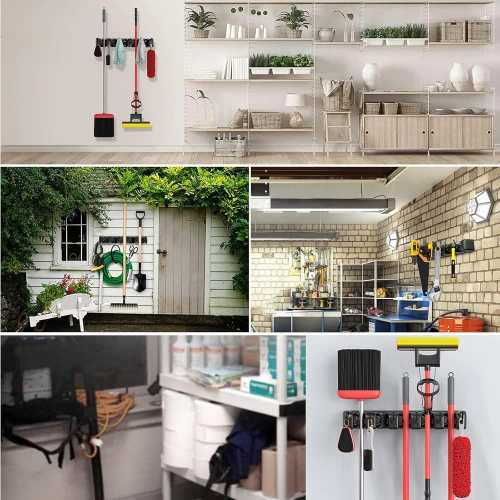 Supporto per mop, rastrelli e spazzole con ganci | 5 posti + ganci | Codice articolo: SL-005H