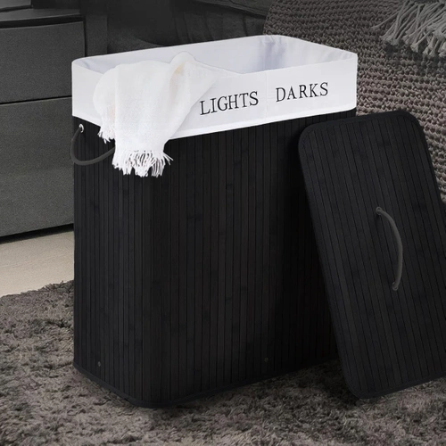 Wäschekorb | 100 l | zweigeteilt, aus Bambus und Holz, auch als Spielzeugbox geeignet | schwarz | ZYL-100L-BLACK