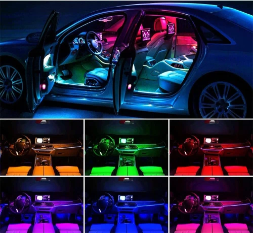 RGB LED autóbelső világítás USB-n keresztül | Bluetooth kapcsolat a telefonon lévő alkalmazással | 4x LED szalag 12 dióda 5050 22cm | IR távirányító | zenei módok