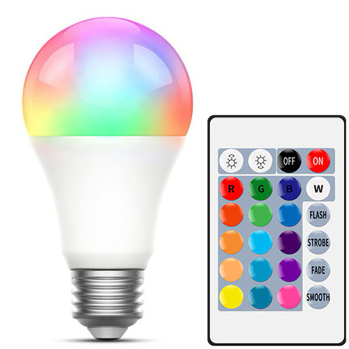 A70-RGB-12W | RGB LED pære 16 farver | E27 gevind | Kugle | IR fjernbetjening