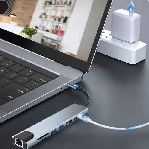 CENTRO | USB-C a 2x USB-A + 2x USB-C + tarjeta SD + TF + HDMI + divisor LAN | Adaptador, divisor tipo C 8 en 1