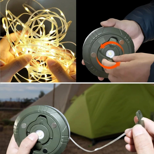Multifunktionel LED campinglampe med 10 m guirlande, powerbank og magnet | Vandtæt lampe med indbygget 2000 mAh batteri 5 lystilstande | KQ-5004