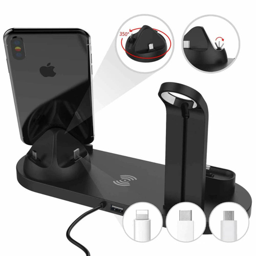 WD-02 | QI dockingstation voor Apple iPhone Airpods Watch | draadloze oplader 15W | 3 stekkers - USB-C / Lightning / Micro-USB