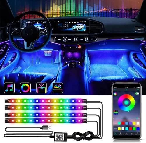 RGB LED automobilio salono apšvietimas per USB | Bluetooth ryšys su programa telefone | 4x LED juostelė 12 diodų 5050 22cm | IR nuotolinio valdymo pultas | muzikos režimai