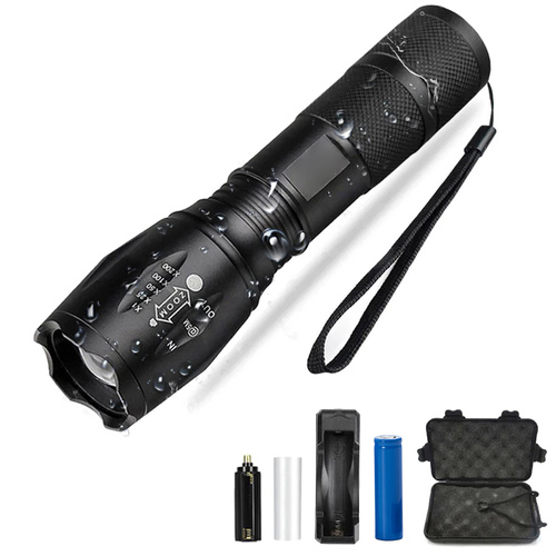 TL-505 | XML-T6 CREE aluminum LED tactical flashlight | zoom function, 18650 rechargeable battery, charger + cable, case | 1200lm, 5 lighting modes