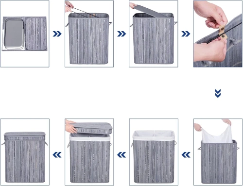 RYL-100L-GRIS | Cesto de ropa gris | Contenedor de juguetes de bambú | Cesta de ropa de madera | Cesto de ropa sucia de dos compartimentos para el baño.