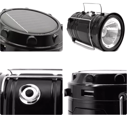 LED-Campinglampe mit Solarbetrieb, Taschenlampe mit Powerbank-Funktion | schwarz | HWL-001-EU