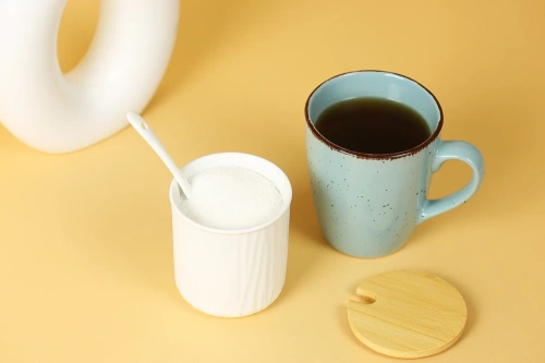 XM07-85-BLANC | Sucrier en porcelaine avec cuillère | Récipient à sucre avec couvercle en bambou