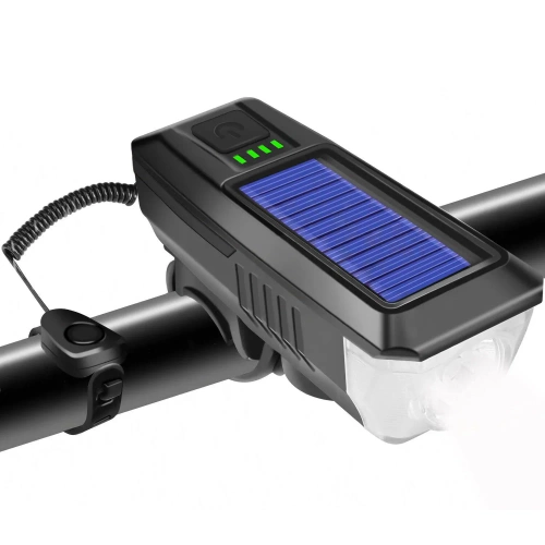  Solárne svetlo na bicykel s výkonnou 350lm LED diódou, 120dB klaksónom a USB/solárnym nabíjaním | Svetlá na bicykel s klaksónom | QX-LY-17