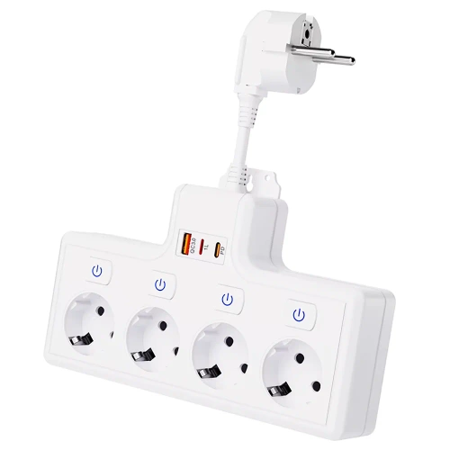 Мережевий подовжувач з 4 розетками Schuko 45° з USB-A, USB-C PD 20 W та Lightning | BGS-A+C+L-W