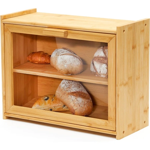 FC-B317 | Bamboo haversack with shelf | Bread container Large bread box for bread, rolls 