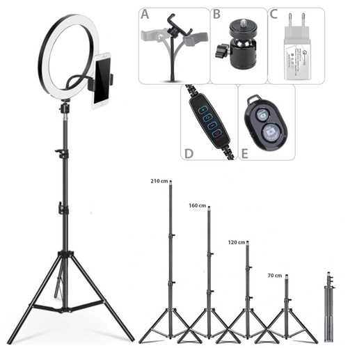 DREAMS 260T 4v1 | Kruhové svietidlo 260 mm | Nastaviteľný statív 210 cm | Cestovná nabíjačka CA-004 | Bluetooth diaľkové ovládanie pre iOS / Android