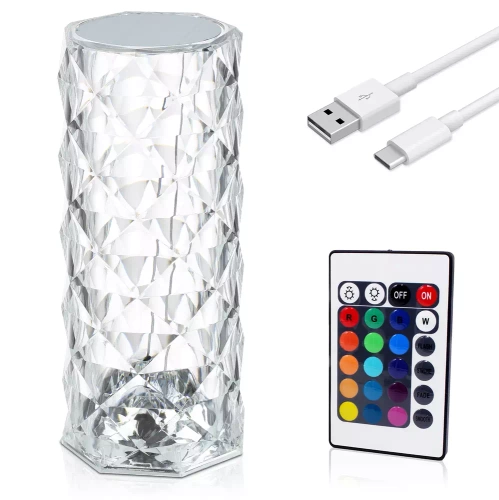 RPL-C16-RGB | Stolní křišťálová LED lampa | vzor růže | 16 RGB barev, dotykový panel, dálkové ovládání, USB-C kabel, 2000mah baterie