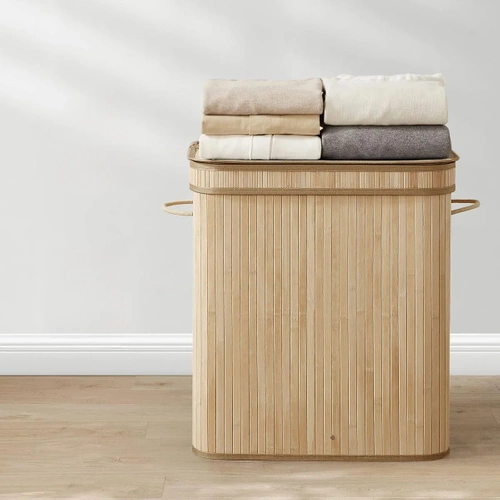 RYL-100L-LIBR | Cesto para la ropa sucia de madera natural | Contenedor de juguetes de bambú | Cesta de ropa de madera | Cesto de ropa sucia de dos compartimentos para el baño.