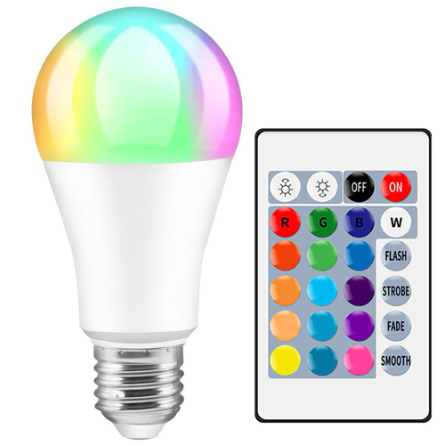 A60-RGB-9W | RGB LED pære 16 farver | E27 gevind | Kugle | IR fjernbetjening