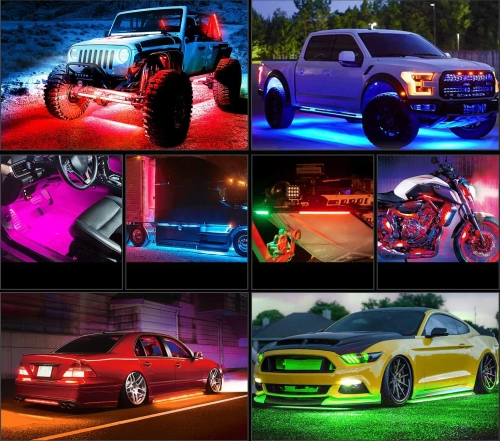 Éclairage LED sous la carrosserie | Rubans RVB flexibles | Bluetooth avec application téléphonique | Longueur de la sangle : 90 cm x 2 et 120 cm x 2